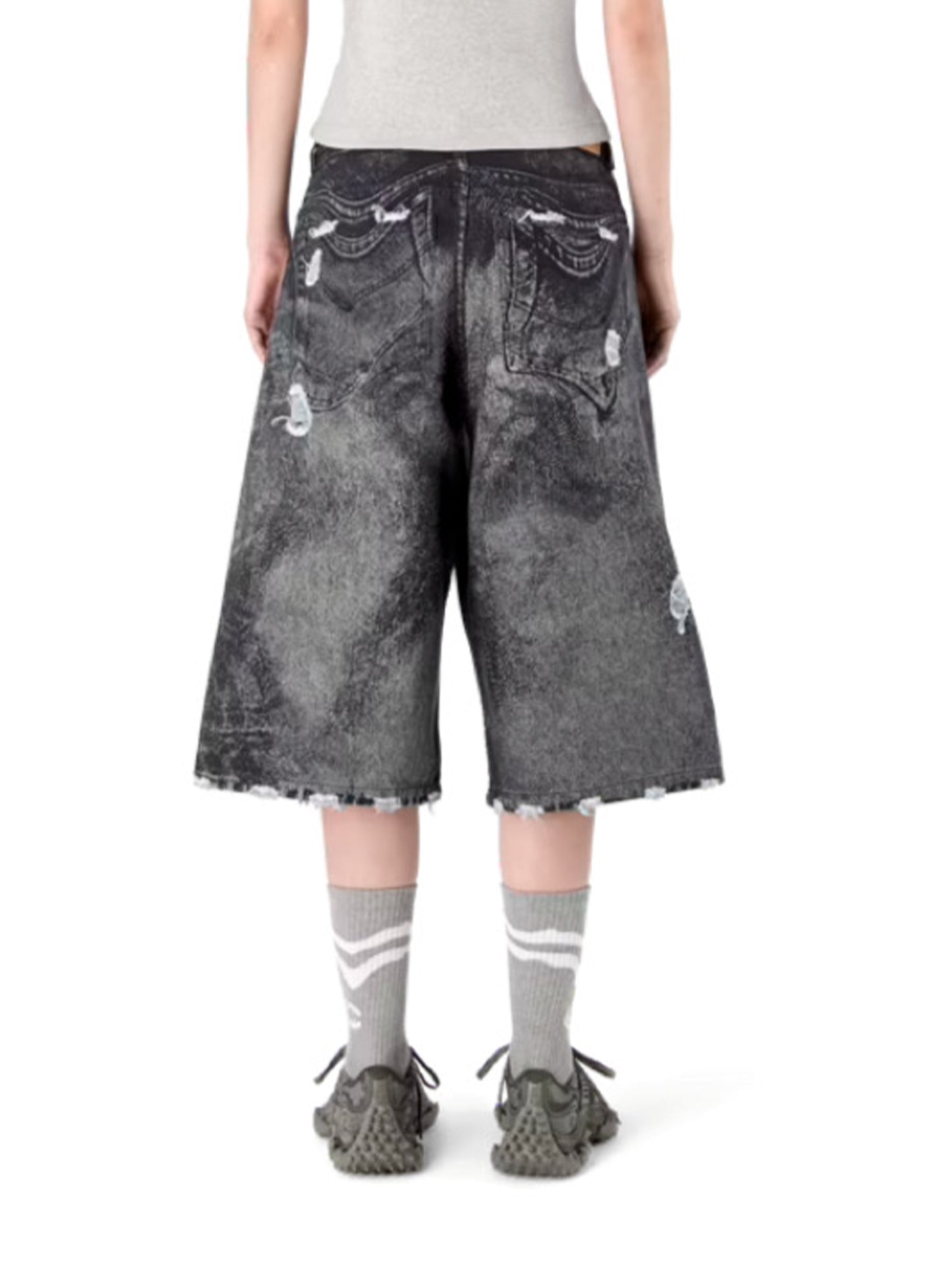 【CAMPER LAB - カンペールラボ】DISTORTED PRINT DISTRESSED DENIM SHORTS / GRAY BLACK (デニムパンツ/グレーブラック)