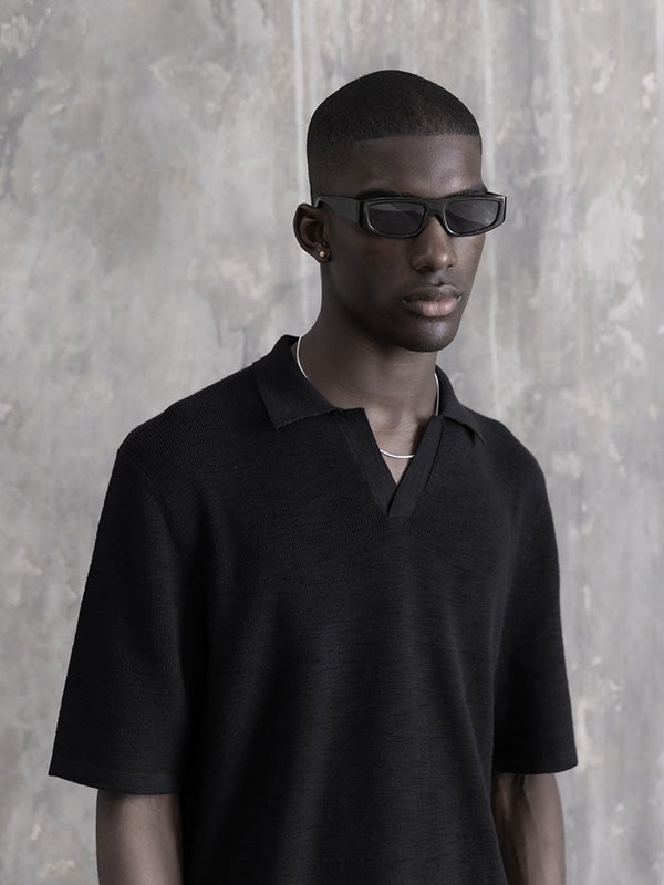 【STAMPD - スタンプド】RIBBED KNIT SS POLO / BLACK (ニット/ポロシャツ/ブラック)