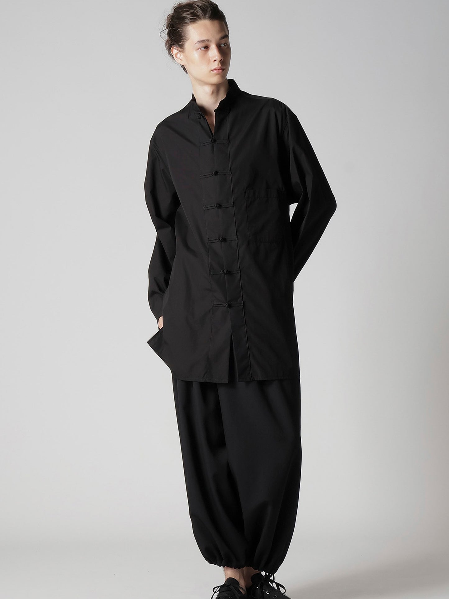 【Yohji Yamamoto POUR HOMME - ヨウジヤマモト プールオム】CHAIN STITCH BROAD MANDARIN COLLAR BLOUSE /(シャツ / ブラック)