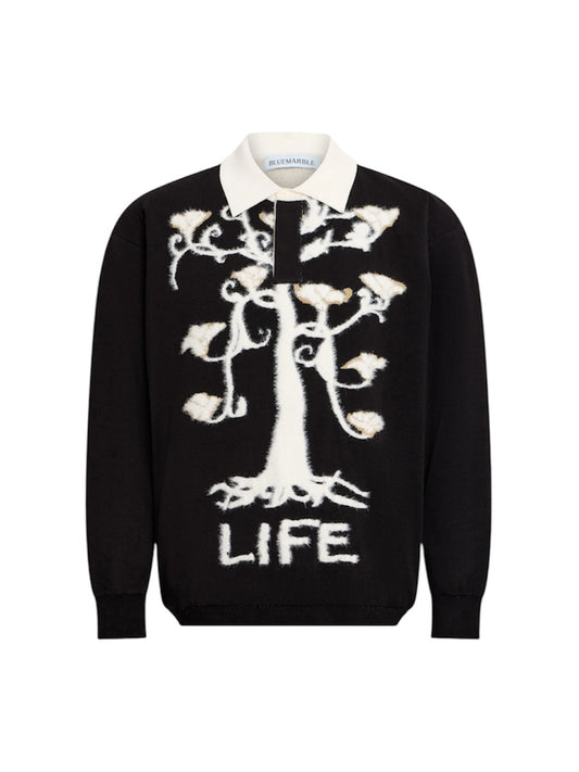 【BLUE MARBLE - ブルーマーブル 】"Tree of Life" Knit Polo / BLACK(ポロシャツ/ブラック)