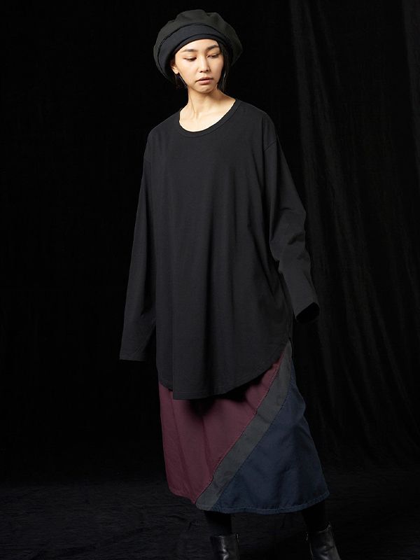 【Ground Y - グラウンドワイ】COTTON JERSEY JUMBO ROUNDED HEM LONG SLEEVE T-SHIRT(Tシャツ/ブラック)