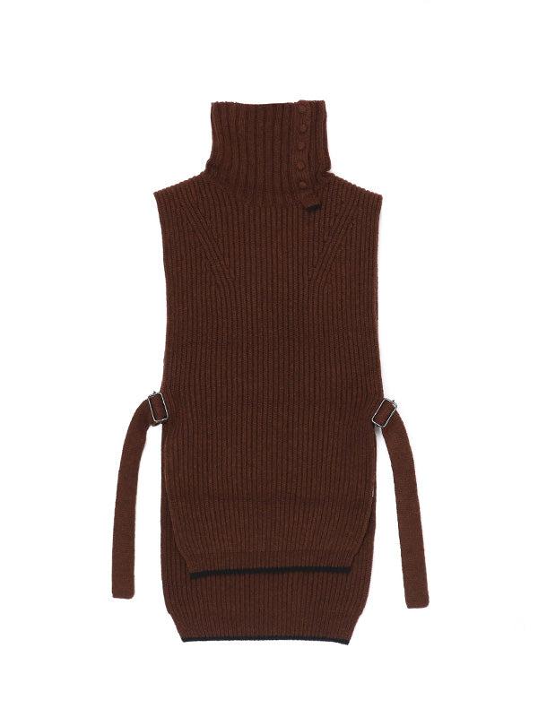 【Y's - ワイズ】BUTTON-UP NECK DETAIL LAMBSWOOL BIB / BROWN (ポンチョ/ベスト)