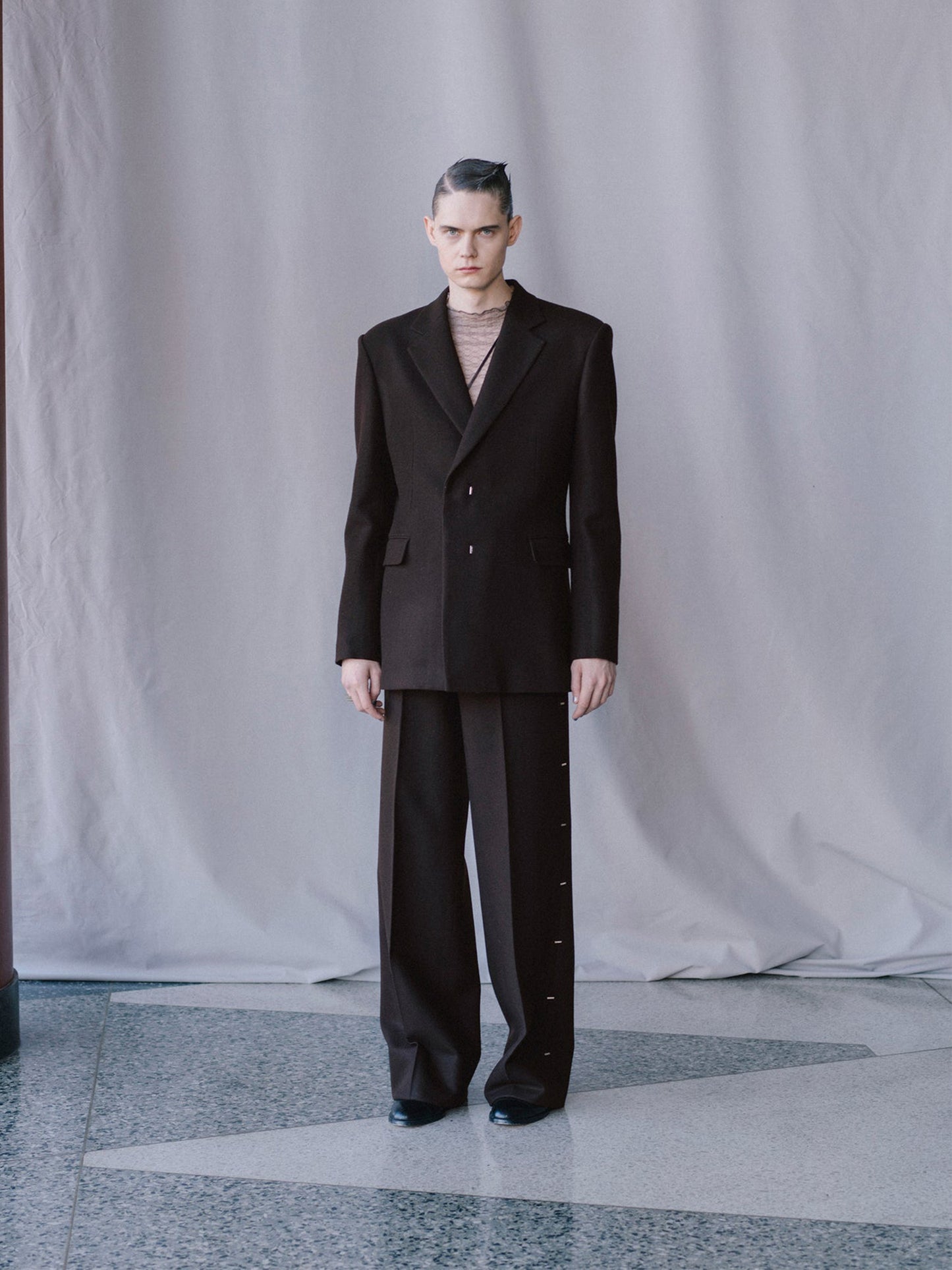 【JOHN LAWRENCE SULLIVAN - ジョンローレンスサリバン】MELTON METAL LINE WIDE TROUSERS(ワイドトラウザー/ブラウン)