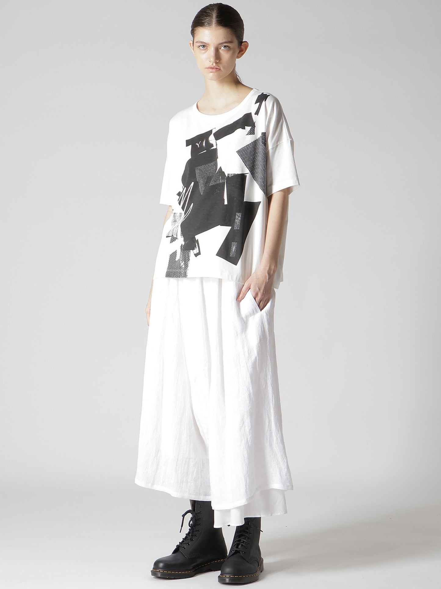 【Y's - ワイズ】Y'S COLLAGE PRINT LOOSE ROUND NECK T / BLACK (Tシャツ/ホワイト)