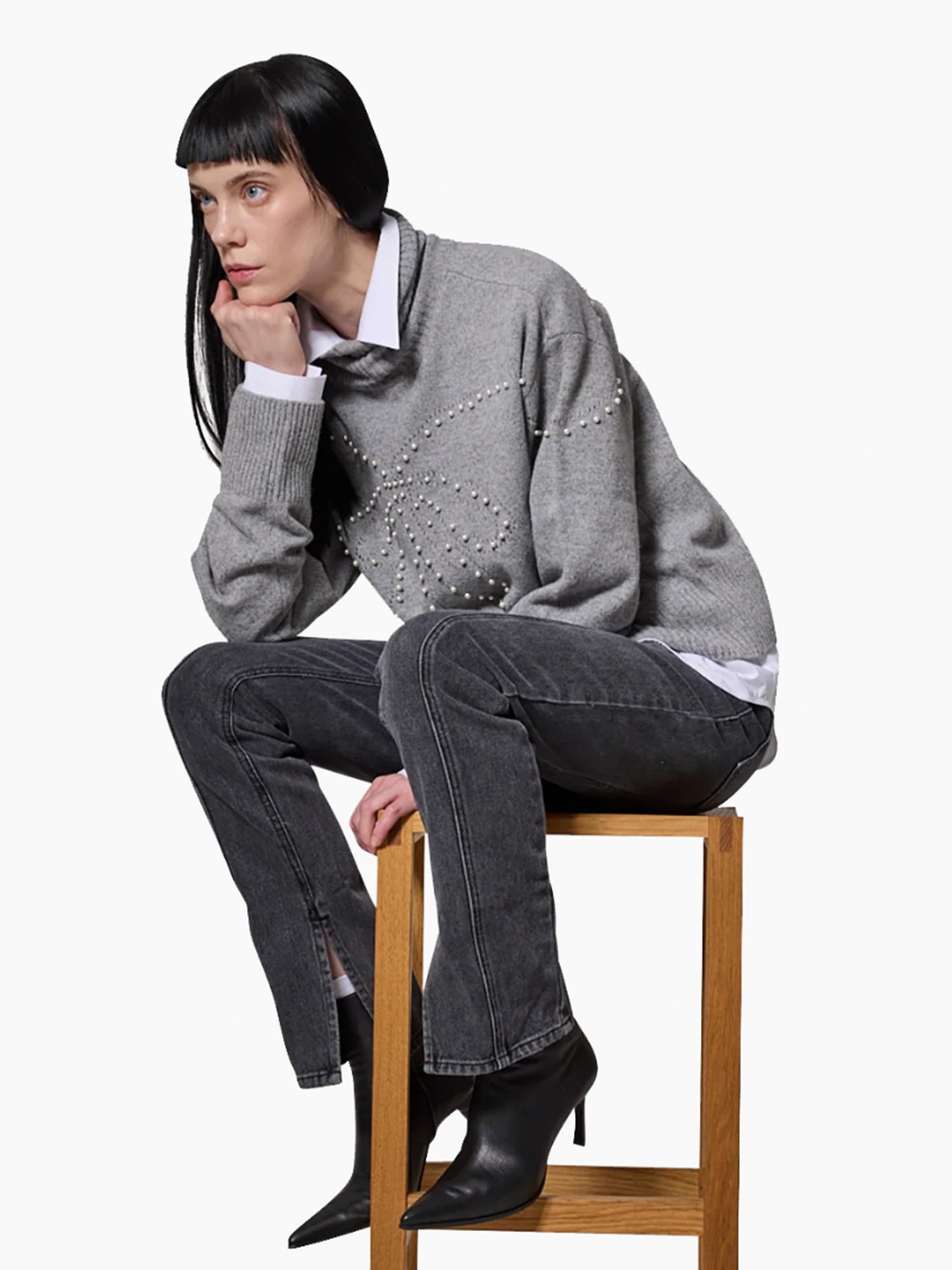 【KIMHEKIM - キムヘキム】Pearl Embellished Pointelle Sweater / GREY (セーター/グレー)