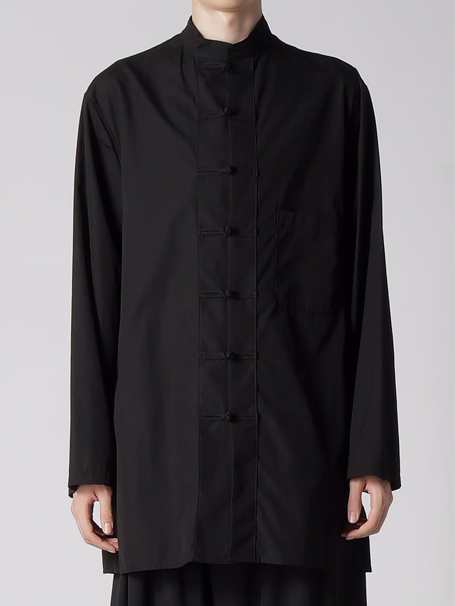 【Yohji Yamamoto POUR HOMME - ヨウジヤマモト プールオム】CHAIN STITCH BROAD MANDARIN COLLAR BLOUSE(シャツ/ブラック)