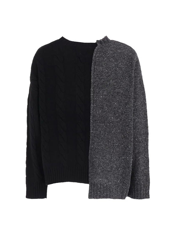 【Ground Y - グラウンドワイ】FINE MERINO WOOL CABLE SWITCH UNBALANCE PULLOVER / BLACK×GREY (ニット/ブラック×グレー)