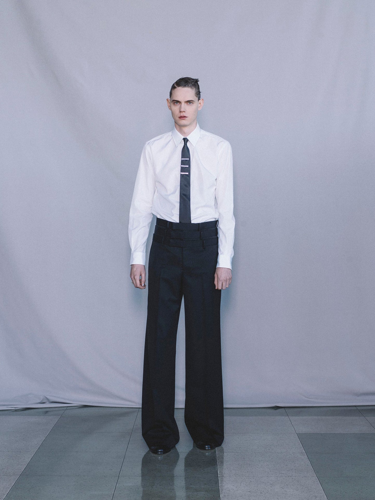 【JOHN LAWRENCE SULLIVAN - ジョンローレンスサリバン】WOOL GABARDINE TRIPLE STACKED TROUSERS(スラックス/ブラック)