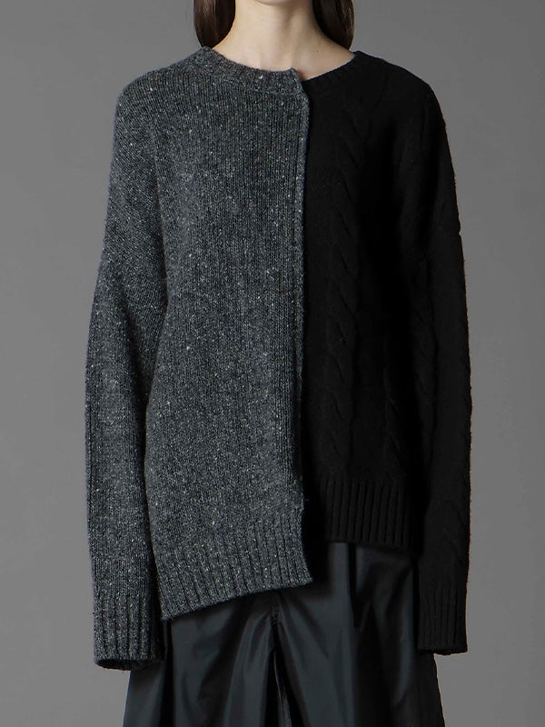 【Ground Y - グラウンドワイ】FINE MERINO WOOL CABLE SWITCH UNBALANCE PULLOVER / BLACK×GREY (ニット/ブラック×グレー)