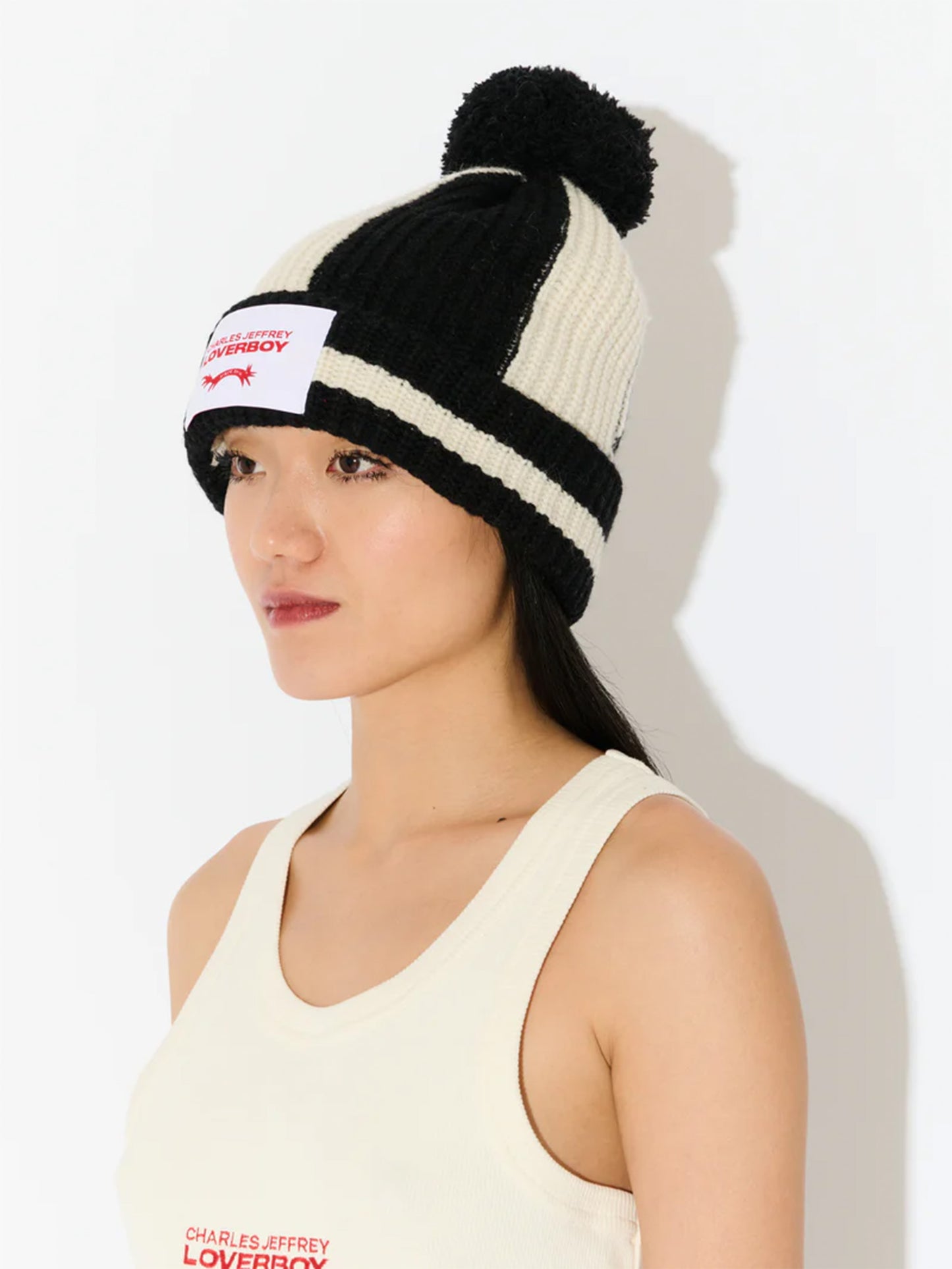 【Charles Jeffrey Loverboy - チャールズ ジェフリー ラバーボーイ】POMPOM BEANIE in BLACK ECRU(ビーニー/マルチ)