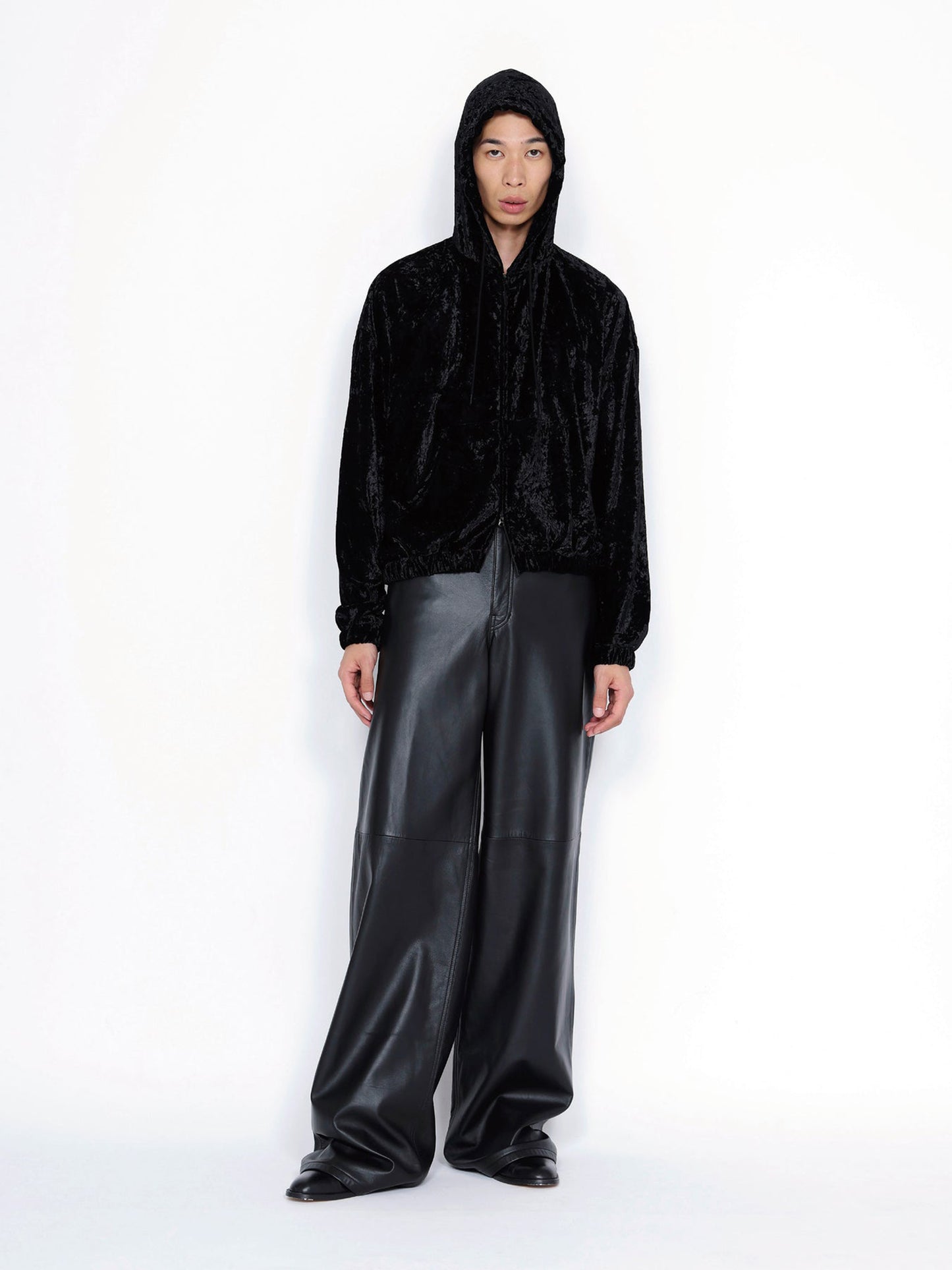 【JOHN LAWRENCE SULLIVAN - ジョンローレンスサリバン】CRUSHED VELVET ZIP-UP HOODIE (フーディー/ブラック)