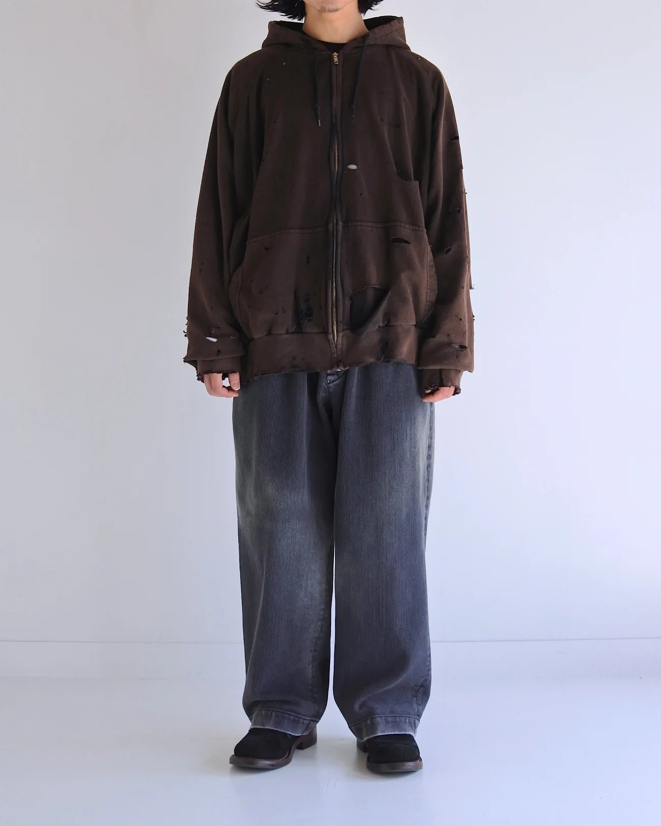 【ANACHRONORM - アナクロノーム】HARD DAMAGED INNER WAFFLE SWEAT PARKA / BLACK (フーディ/ブラック)