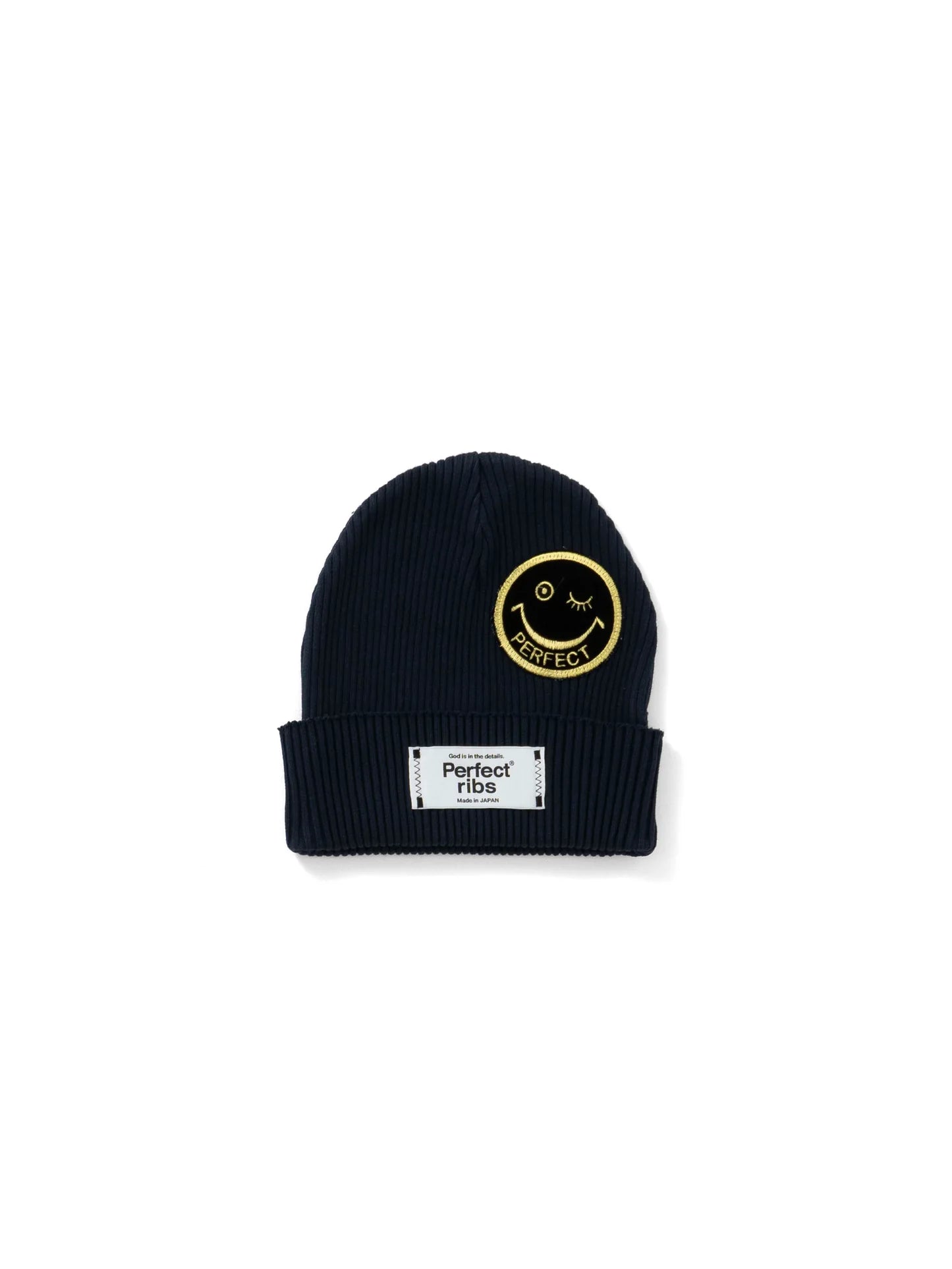 【Perfect ribs® × ALM】"SMILE Patch" Rib Beanie Cap / Black(ニット帽/ブラック/イエロー)