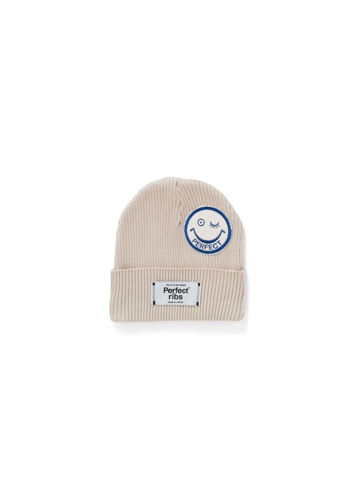 【Perfect ribs® × ALM】"SMILE Patch" Rib Beanie Cap / Ivory(ニット帽/アイボリー/ブルー/ホワイト)
