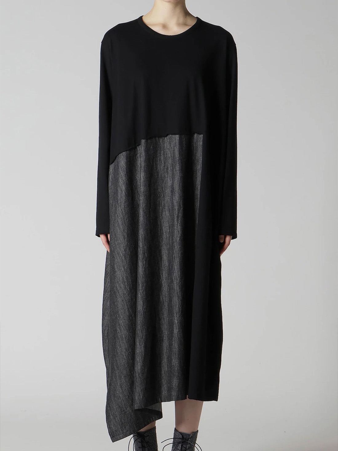 【Y's - ワイズ】DENIM COMBINATION LONG SLEEVE DRESS / BLACK (ドレス/ブラック)