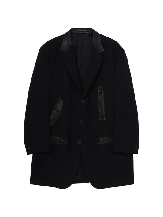 【Yohji Yamamoto POUR HOMME - ヨウジヤマモト プールオム】LEATHER ARMY GABARDINE PANEL ZIP JACKET（ジャケット/ ブラック)
