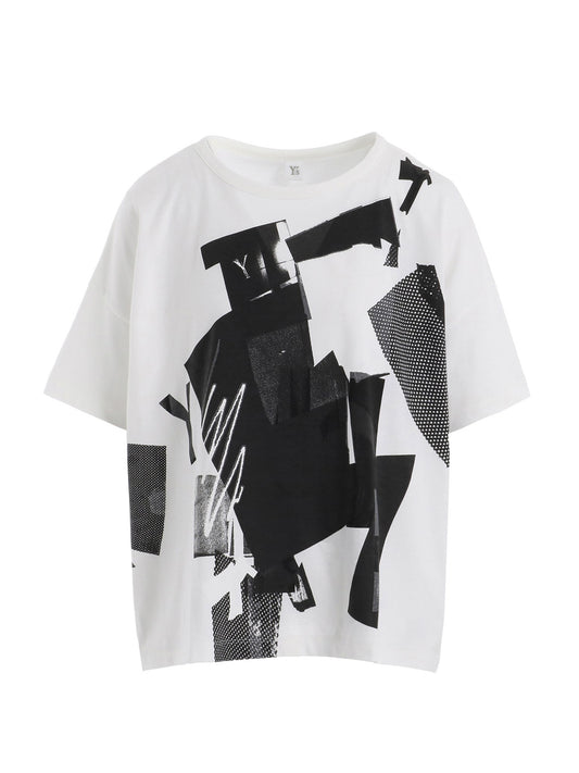 【Y's - ワイズ】Y'S COLLAGE PRINT LOOSE ROUND NECK T / BLACK (Tシャツ/ホワイト)