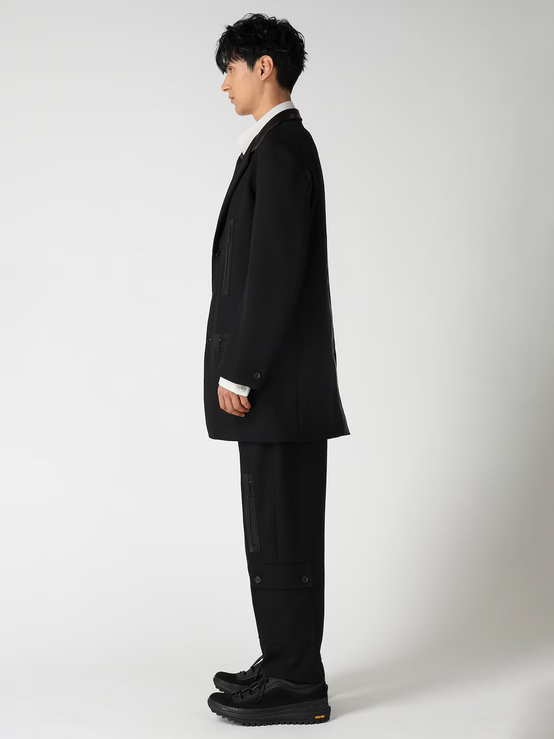 【Yohji Yamamoto POUR HOMME - ヨウジヤマモト プールオム】LEATHER ARMY GABARDINE PANEL ZIP JACKET（ジャケット/ ブラック)