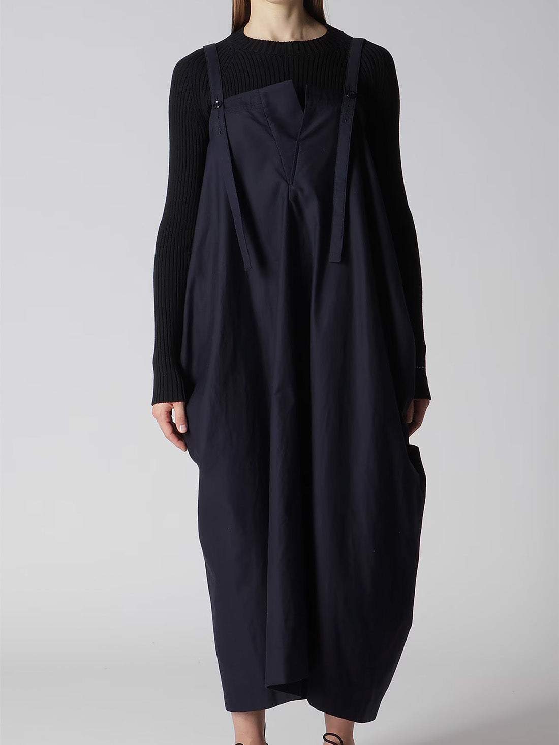 【Y's - ワイズ】Y's BORN PRODUT THIN COTTON TWILL ASYMMETERIC SHOULDER STRAP DRESS /NAVY(ドレス/ネイビー)