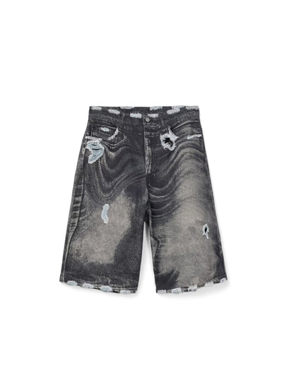 【CAMPER LAB  - カンペールラボ】DISTORTED PRINT DISTRESSED DENIM SHORTS / GRAY BLACK (デニムパンツ/グレーブラック）