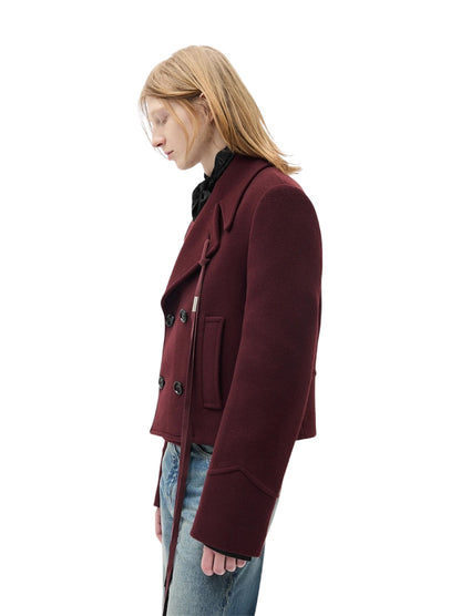 【ANN DEMEULEMEESTER - アン ドゥムルメステール】Dalmar Double-Breasted Short Caban / WINE RED(ジャケット/ワインレッド）