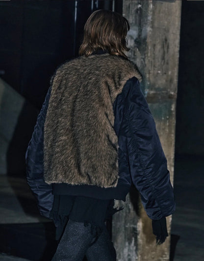 【JOHN LAWRENCE SULLIVAN - ジョンローレンスサリバン】NYLON MASSIVE ROUNDED SLEEVE BOMBER JACKET WITH BACK FUR（ジャケット/ブラック)