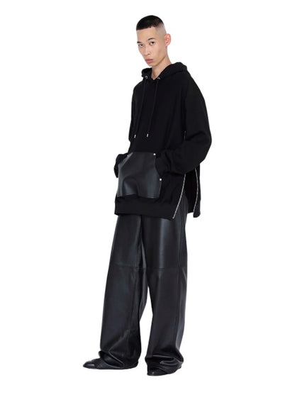 【JOHN LAWRENCE SULLIVAN - ジョンローレンスサリバン】LEATHER POCKET ZIP-UP SWEAT HOODIE（パーカー/ブラック)
