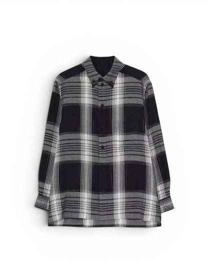 【Yohji Yamamoto POUR HOMME - ヨウジヤマモト プールオム】C/ HEMP PLAID BOTTUN DOWN BLOUSE（シャツ/ ブラック)