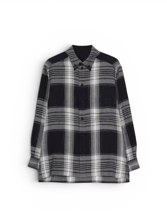 【Yohji Yamamoto POUR HOMME - ヨウジヤマモト プールオム】C/ HEMP PLAID BOTTUN DOWN BLOUSE（シャツ/ ブラック)