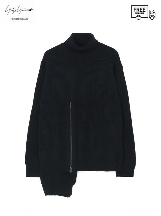 ZIPPER OPEN PLUCK CLOTH TURTLE NECK KNIT / BLACK