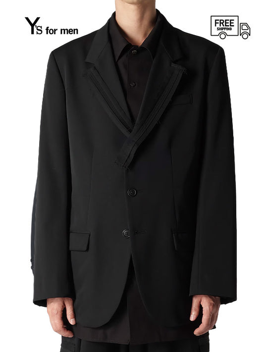 WOOL GABARDINE 3-BUTTONS JACKET WITH DECORATIVE CLOTH / BLACK