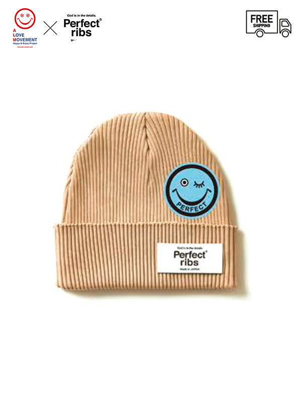 【Perfect ribs® × ALM】"SMILE Patch" Rib Beanie Cap / Light Brown×Blue(ニット帽/ライトブラウン×ブルー)