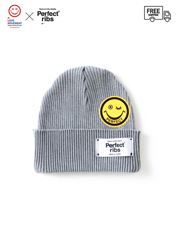 【Perfect ribs® × ALM】"SMILE Patch" Rib Beanie Cap / Top Gray×Yellow(ニット帽/トップグレー×イエロー)