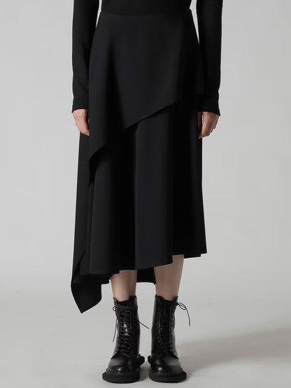 【Y's - ワイズ】WOOL GABARDINE MIDDLE LENGTH ASYMMETRIC SKIRT  / BLACK(スカート/ブラック)