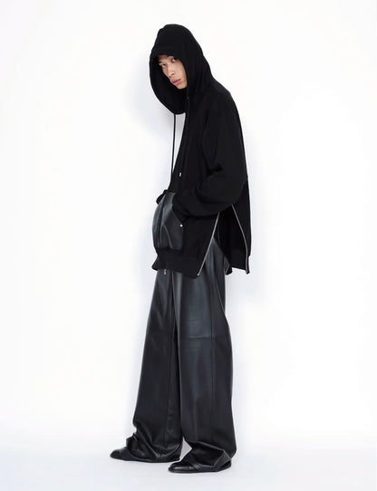 【JOHN LAWRENCE SULLIVAN - ジョンローレンスサリバン】LEATHER POCKET ZIP-UP SWEAT HOODIE（パーカー/ブラック)