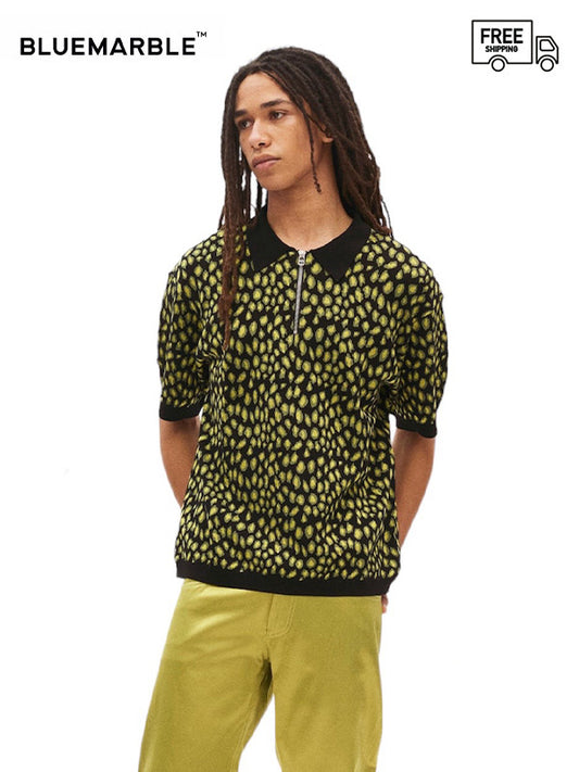 【BLUE MARBLE - ブルーマーブル 】Knit leopard jaquard polo shirt / leopard(ポロシャツ)