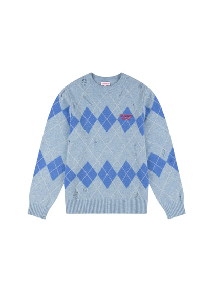 【Charles Jeffrey Loverboy - チャールズ ジェフリー ラバーボーイ】DISTRESSED ARGYLE SWEATER / LIGHT BLUE (セーター/ライトブルー)