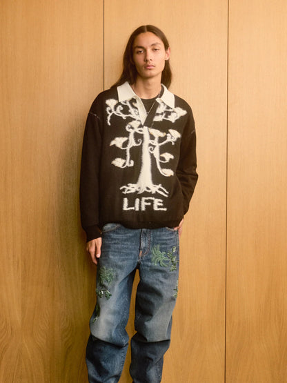 【BLUE MARBLE - ブルーマーブル 】"Tree of Life" Knit Polo / BLACK(ポロシャツ/ブラック)