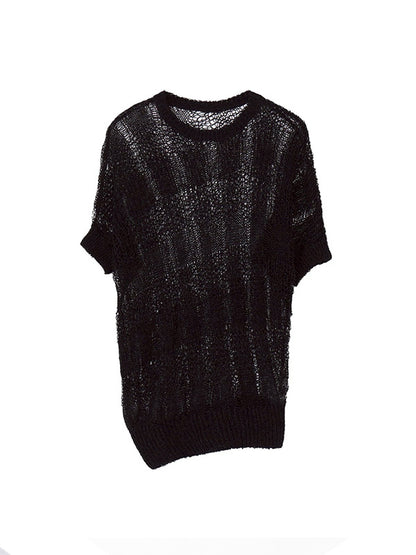 【Y's - ワイズ】PLAID LOOSE-KNIT ASYMMETRIC DRAPE PULLOVER / BLACK (プルオーバー/ブラック)
