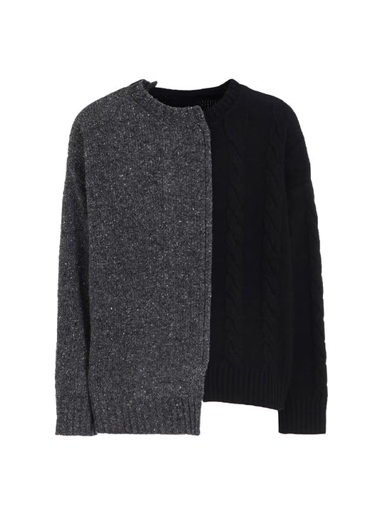 【Ground Y - グラウンドワイ】FINE MERINO WOOL CABLE SWITCH UNBALANCE PULLOVER / BLACK×GREY (ニット/ブラック×グレー)