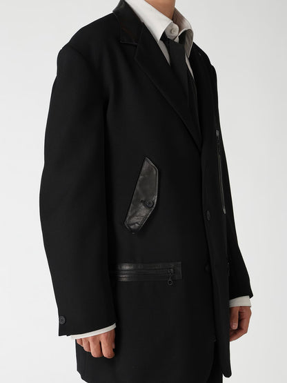 【Yohji Yamamoto POUR HOMME - ヨウジヤマモト プールオム】LEATHER ARMY GABARDINE PANEL ZIP JACKET（ジャケット/ ブラック)
