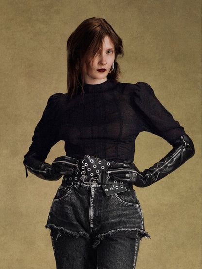 【JOHN LAWRENCE SULLIVAN - ジョンローレンスサリバン】COTTON JERSEY PUFF SLEEVE TOP (ロングスリーブ/ブラック）