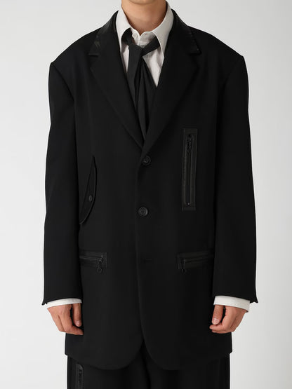【Yohji Yamamoto POUR HOMME - ヨウジヤマモト プールオム】LEATHER ARMY GABARDINE PANEL ZIP JACKET（ジャケット/ ブラック)