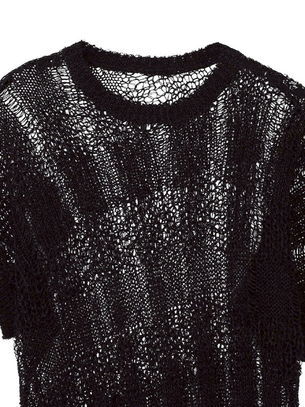 【Y's - ワイズ】PLAID LOOSE-KNIT ASYMMETRIC DRAPE PULLOVER / BLACK (プルオーバー/ブラック)