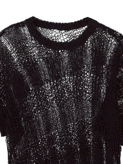 【Y's - ワイズ】PLAID LOOSE-KNIT ASYMMETRIC DRAPE PULLOVER / BLACK (プルオーバー/ブラック)