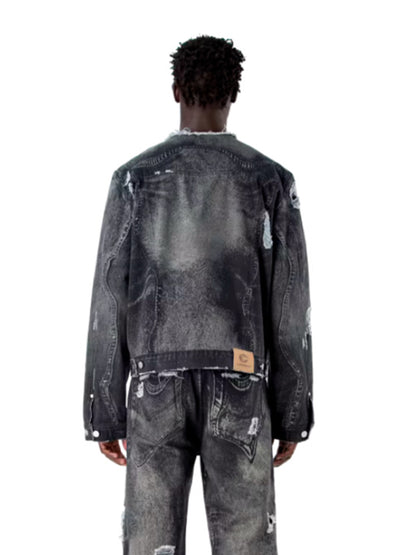 【CAMPER LAB  - カンペールラボ】 DISTORTED PRINT DISTRESSED DENIM JACKET / GRAY BLACK (デニムジャケット/グレーブラック）