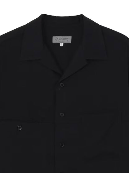 【Yohji Yamamoto POUR HOMME - ヨウジヤマモト プールオム】CELLLOSE LAWN PANEL OPEN COLLAR BLOUSE（シャツ/ ブラック)