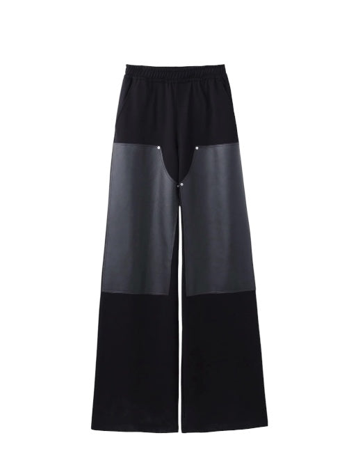 【JOHN LAWRENCE SULLIVAN - ジョンローレンスサリバン】SWEAT WIDE PANTS WITH LEATHER PATCH / Black（パンツ/ブラック)