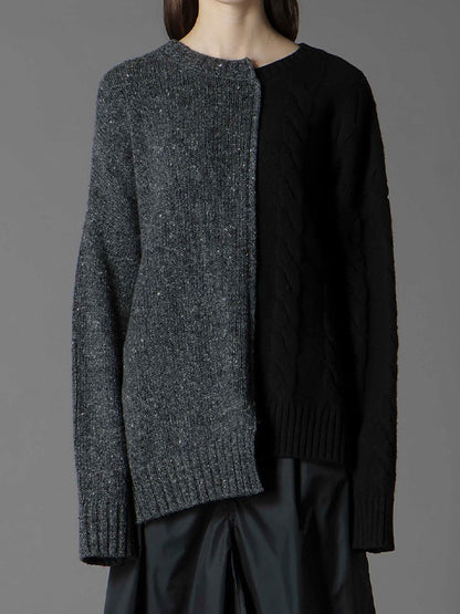 【Ground Y - グラウンドワイ】FINE MERINO WOOL CABLE SWITCH UNBALANCE PULLOVER / BLACK×GREY (ニット/ブラック×グレー)