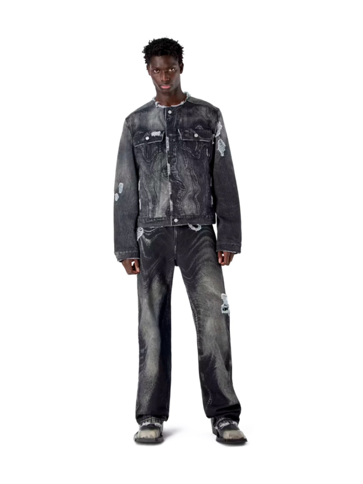 【CAMPER LAB  - カンペールラボ】 DISTORTED PRINT DISTRESSED DENIM JACKET / GRAY BLACK (デニムジャケット/グレーブラック）